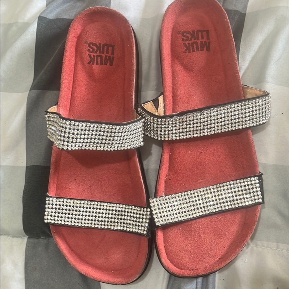 MUK LUKS Women's Red Sandals with Rhinestone Straps